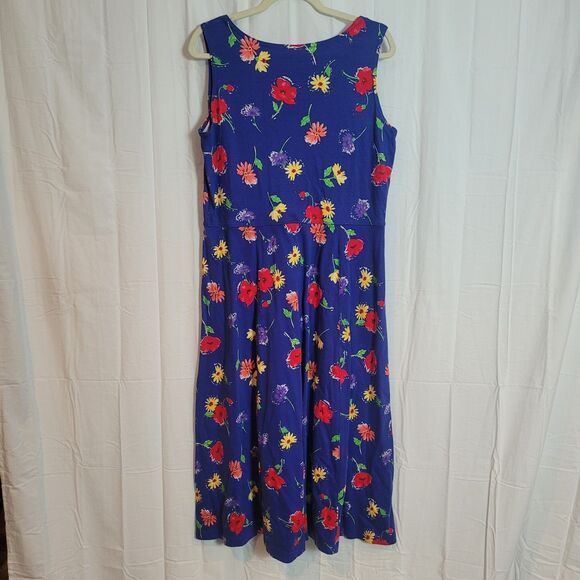 Land's End Floral Cotton Midi Dress Women's Size Large 10-12 Blue Casual Picnic - Picture 2 of 9
